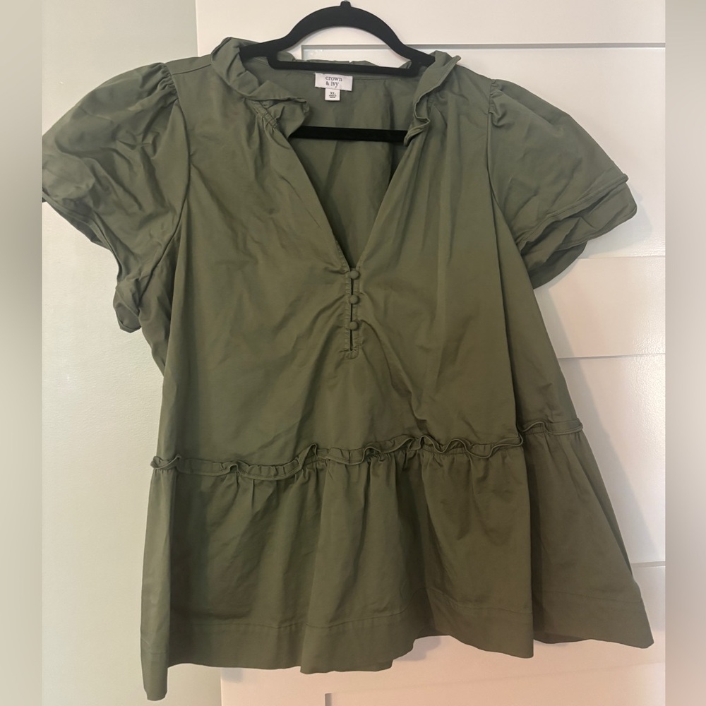 Crown & Ivy Olive Blouse with Ruffle Detail
